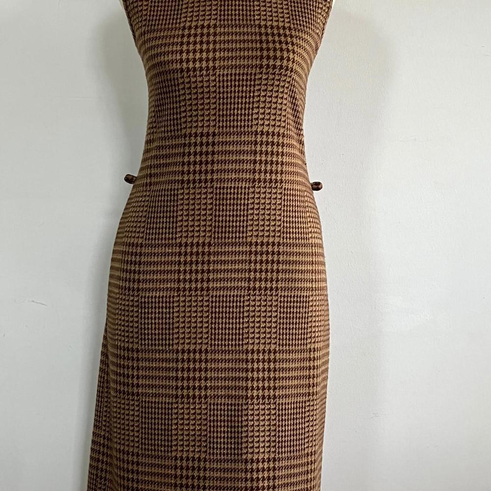 Vintage 70s Houndstooth Dress with Gold Sparkles, Sleeveless, Small - Picture 3 of 9